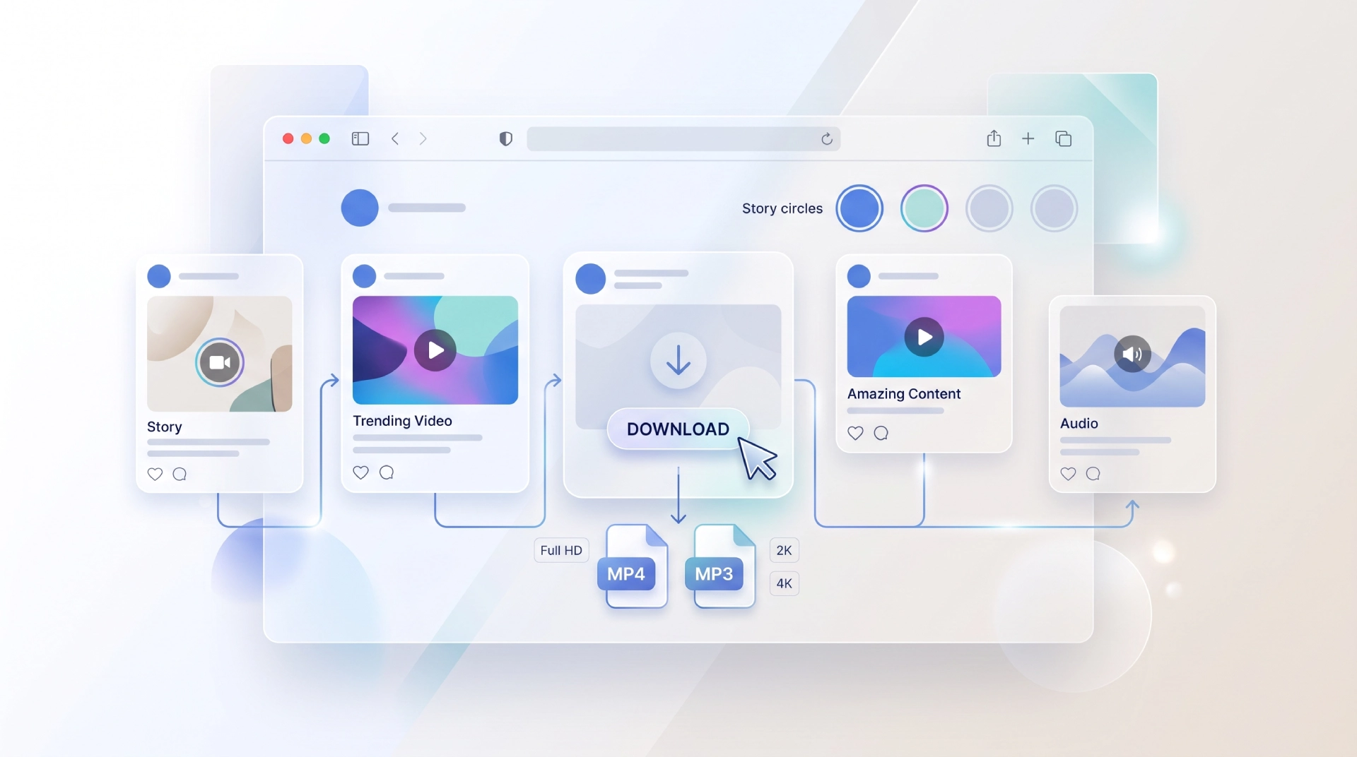 Facebook Stories, Reels, videos and audio download options in an online media downloader